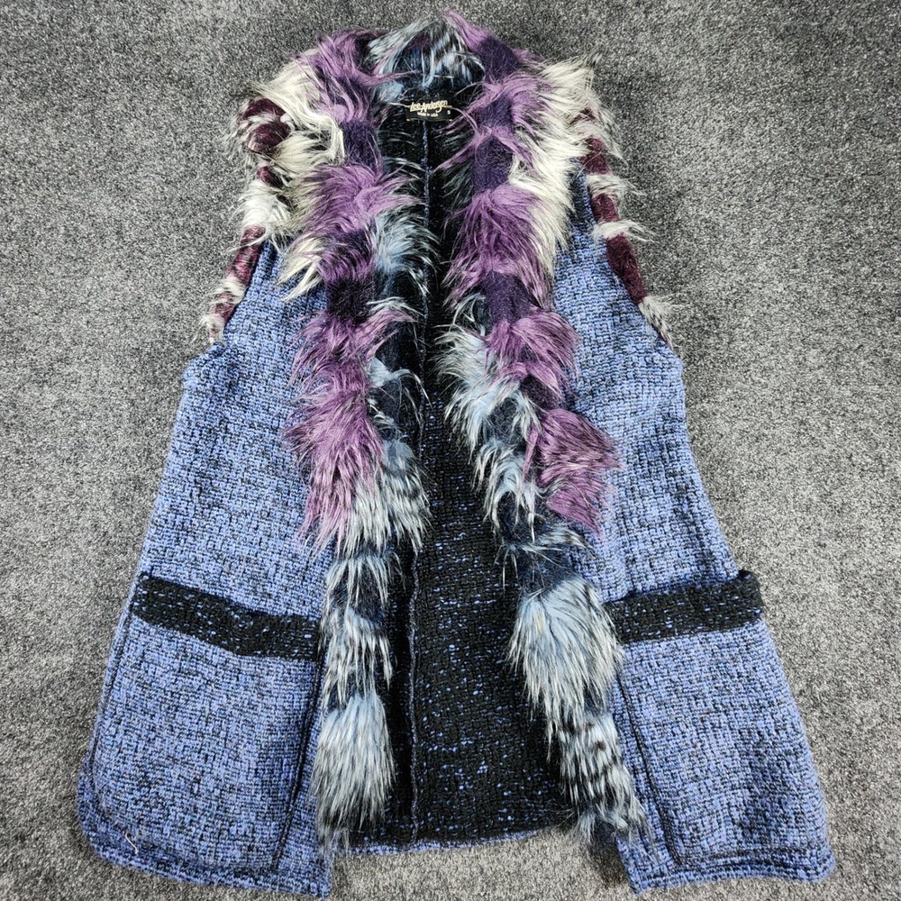 Lee Andersen Faux Fur Trim Knit Vest Women S Blue Purple Open Front Art to Wear
